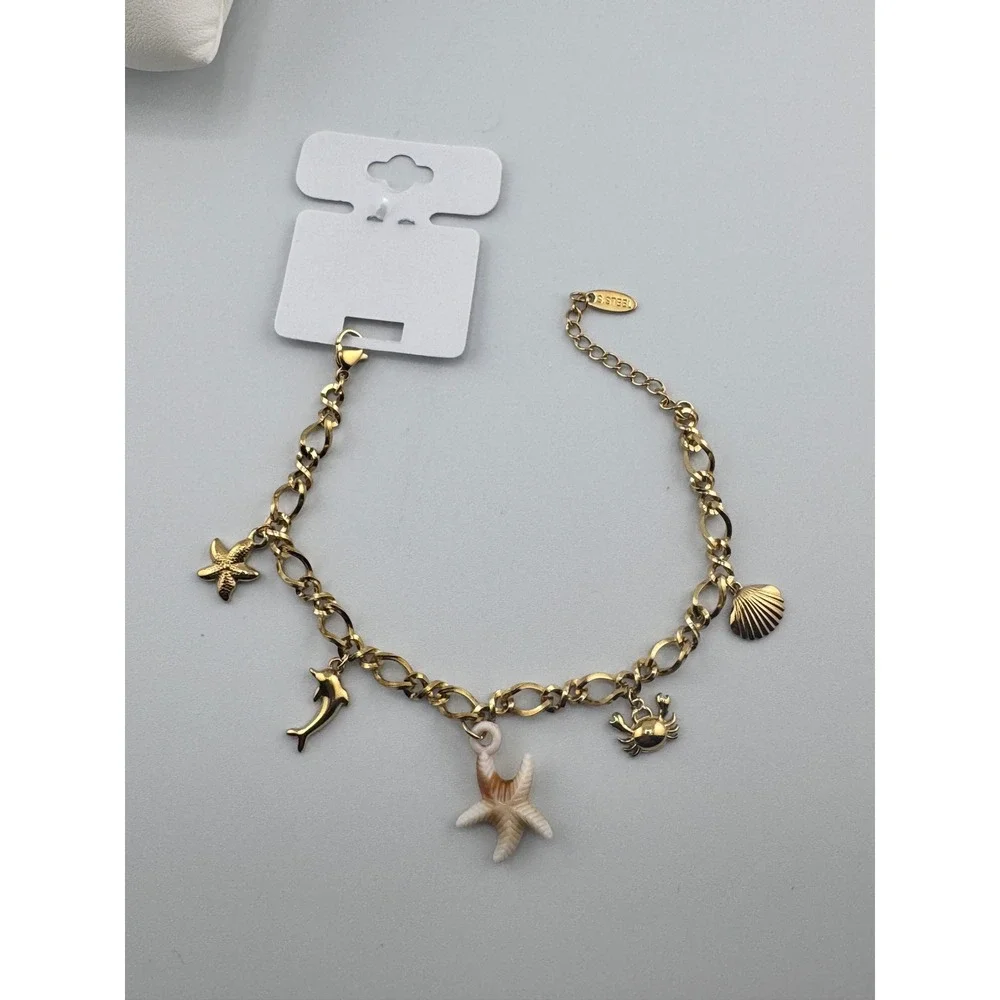 14k Gold Plated Stainless Steel Sea Life Charm Bracelet Starfish Dolphin Crab